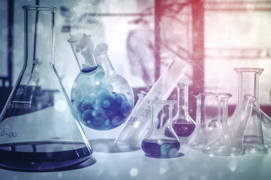 Laboratory glassware containing chemical liquid, science research,Double exposure of scientist and test tubes, laboratory concept.with chemical equations