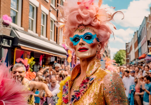 CSD LGBTQ Pride Parade, where Rainbow Colours dominate the scene all in glittering Costumes as Drag Queens or normal Generative AI Digital Art Illustration Background Magazin Cover 
