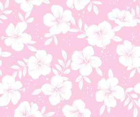 ハイビスカスと葉っぱのトロピカルなパターン-2way-手描き