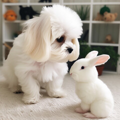 White fluffy maltese puppy and adorable rabbit doll, cute pets, close-up, ai generative