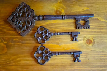 old keys on color background, close-up. Old ornate skeleton key 