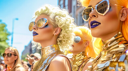 CSD LGBTQ Pride Parade, where Rainbow Colours dominate the scene all in glittering Costumes as Drag Queens or normal Generative AI Digital Art Illustration Background Magazin Cover 