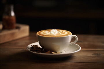 Obraz premium Cup of coffee latte with beautiful latte art on wood table background