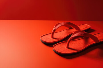 Beach flip-flops on the red background with copy space. summer is coming concept
