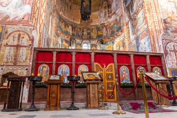 Gelati Monastery, Georgia, inside view of the main nave with altar, apse and iconostasis, stone...