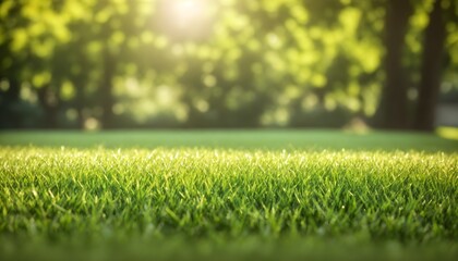 Obraz na płótnie Canvas Green lawn with fresh grass outdoors. Nature spring grass background texture. Generative AI