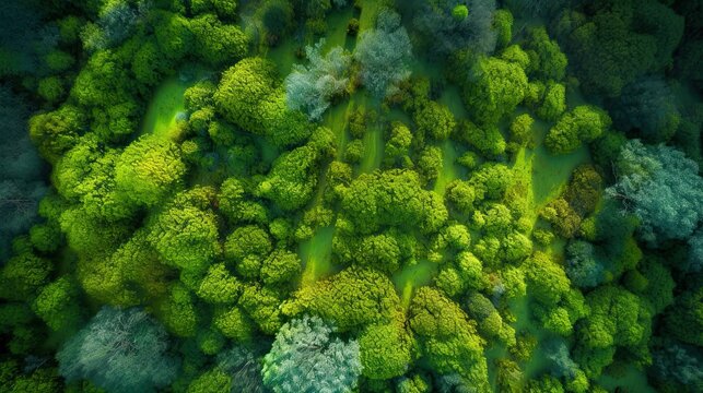Top view of a lush forest with different shades of green vegetation creating abstract composition. Generative ai