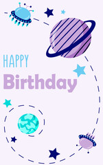 Greeting card with space theme on lilac background. Copy space. Cartoon vector illustration.