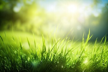 Fototapeta na wymiar sunny grassy field with a blue sky in the background. Generative AI