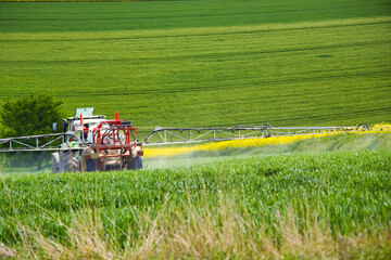 Landwirtschaft- Saatgut wird gespritzt mit Traktor