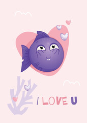 Obraz na płótnie Canvas Cute funny vector fish in love. Printable card design for kids. Cartoon style illustration. Happy Valentine's day poster