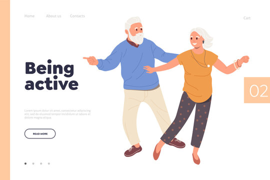 Landing page design template motivating old elderly people being active on pension retirement