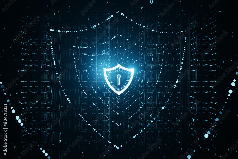 Poster Glowing polygonal web security shield hologram on blurry background. Digital interface and protection concept. 3D Rendering.