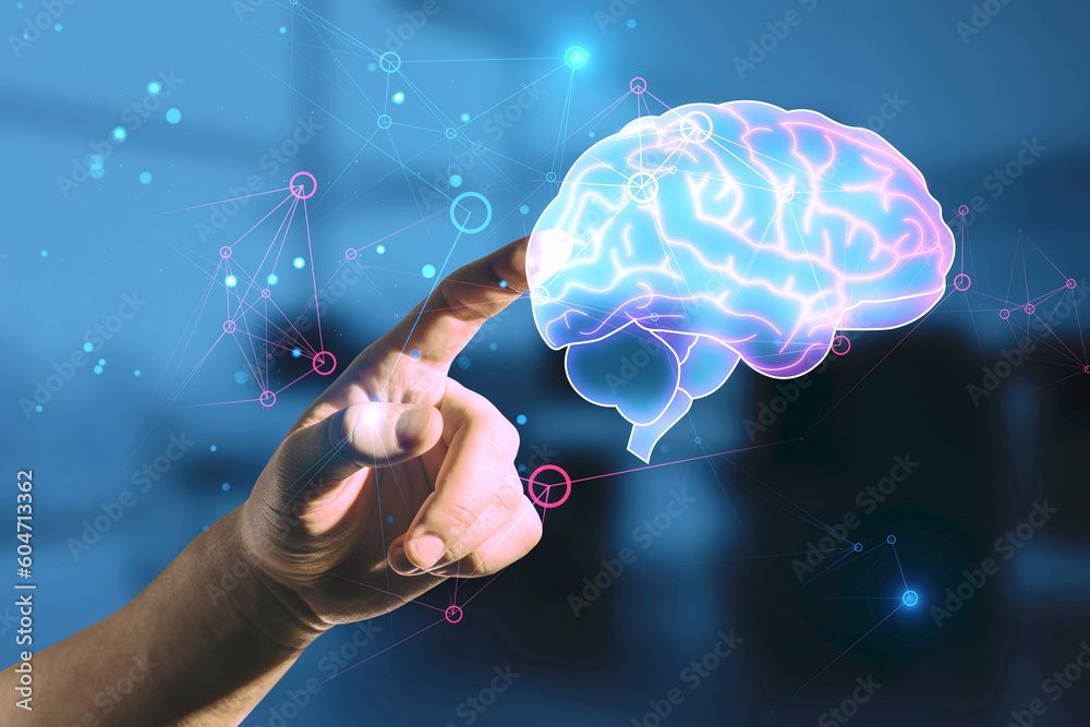 Poster Innovations, creative idea and machine learning concept with man finger on virtual touch screen with digital human brain symbol on dark blurred background