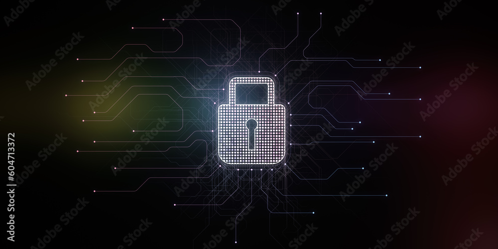 Aufkleber Glowing security padlock on dark background. Digital interface and protection concept. 3D Rendering.
