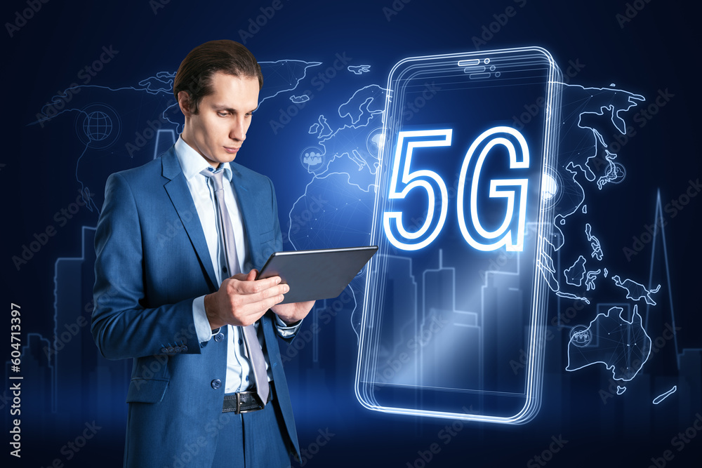 Poster attractive businessman using digital tablet with 5g and map hologram, polygonal connections on blurr