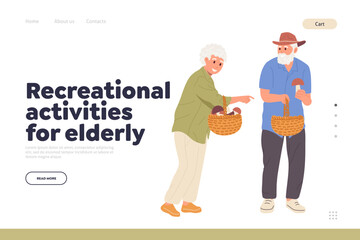 Recreational activities for elderly concept for landing page with happy old people picking mushrooms