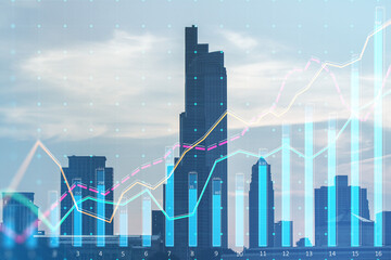 Creative growing business chart grid on blurry city wallpaper. Corporate growth plan and company development concept. Double exposure.