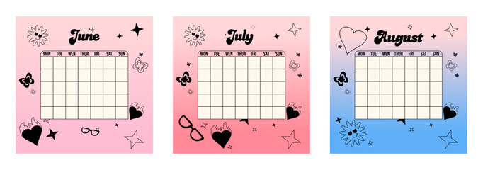A calendar of June July August month with stars, butterflies, hearts, sun, sunglasses on pink and blue background in y2k style