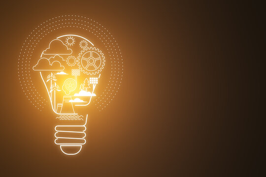 Abstract digital lamp hologram on dark background with mock up place. Start up, entrepreneurship and creative ideas concept. 3D Rendering.