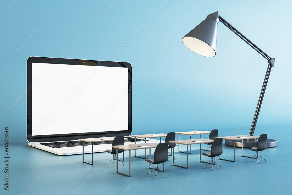 Poster creative classroom with empty white laptop chalkboard on blue background with lamp. online education