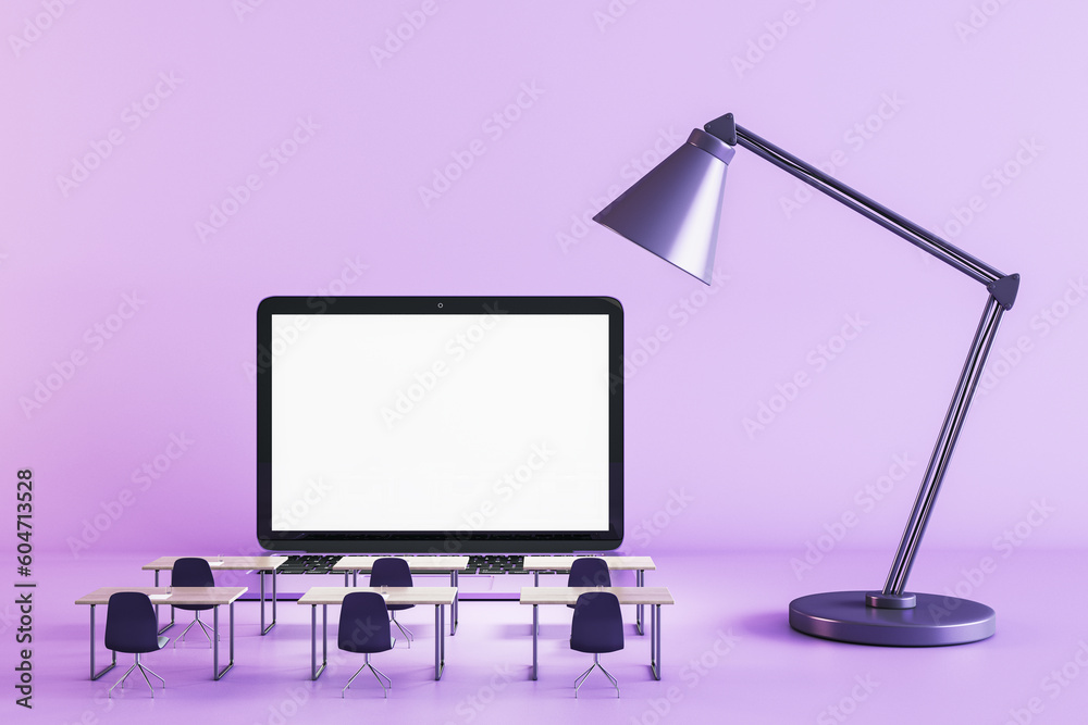 Poster creative classroom with empty white laptop chalkboard on purple backdrop with lamp. online education
