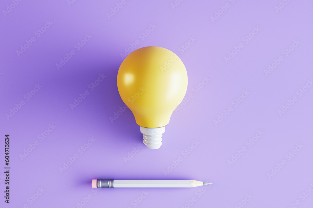 Poster creative lamp and pencil on purple background. idea and innovation concept. 3d rendering.