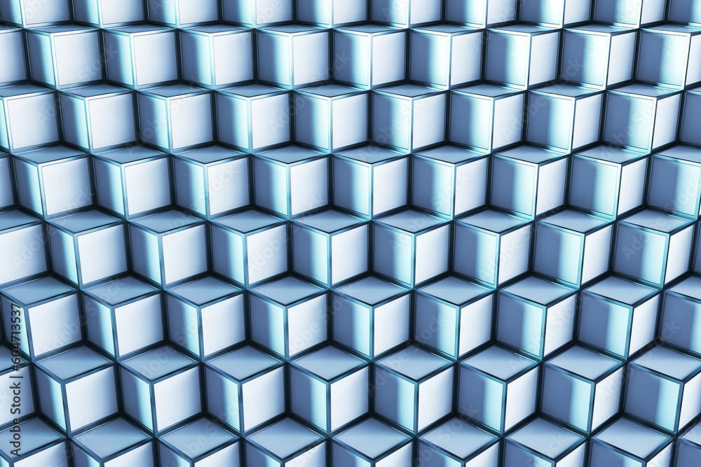 Poster Creative blue cubes pattern background. Landing page concept. 3D Rendering.