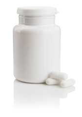 White pills and plastic container