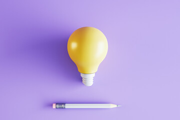 Creative lamp and pencil on purple background. Idea and innovation concept. 3D Rendering.