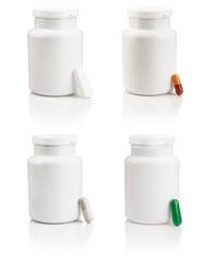 Set of pill bottles with pills and capsules