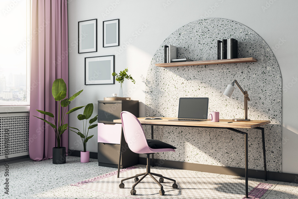 Poster sunlit home office work place with city view background from window with pink curtain, wheel chair a