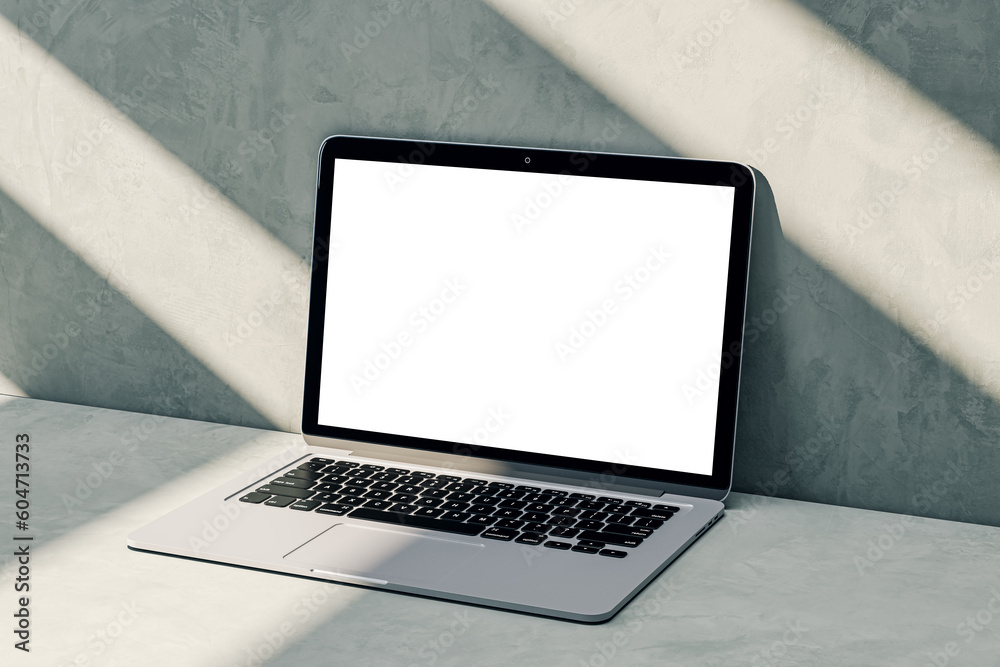 Poster perspective view on blank white modern laptop monitor with place for logo brand or web design on sun