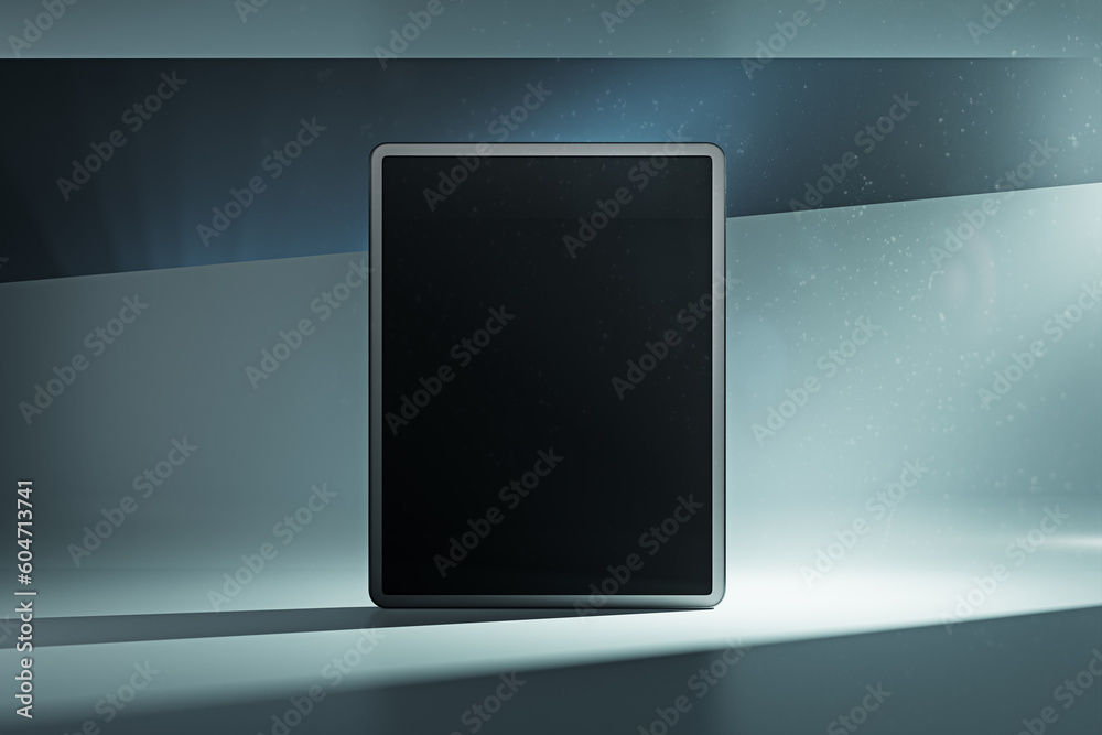 Poster front view on blank black digital tablet screen with place for your logo or text on abstract graphic