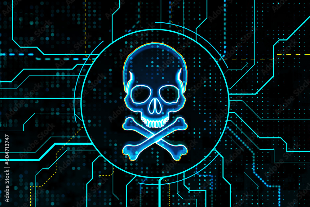 Poster Glowing blue skull and bones symbol, dark screen texture background, hacking attack and piracy concept. 3D Rendering