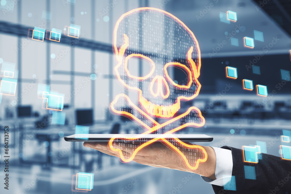 Aufkleber close up of businessman hands holding cellphone with glowing digital binary code skull on blurry off