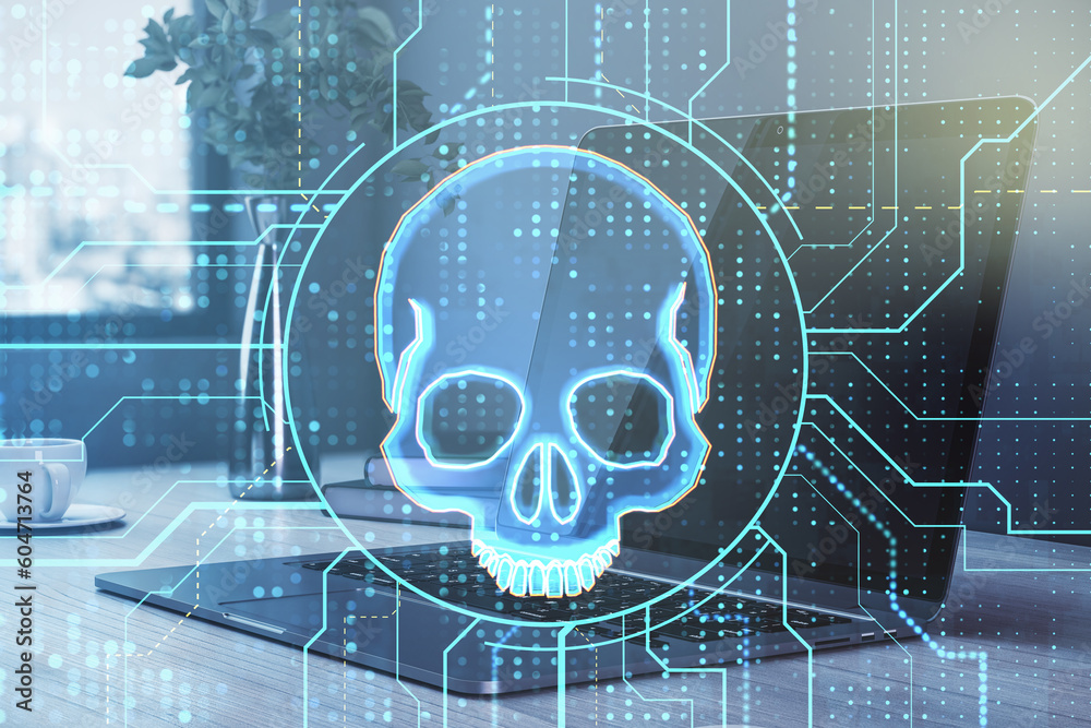 Poster Side view of laptop computer with glowing digital circuit binary code skull on blurry workplace with objects background. Hacking, piracy, malware and data theft concept. Double exposure.