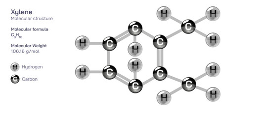 xylene molecular structure formula. Periodic table structural molecular formula Vector design. Pharmaceutical compounds and composition. Easily printable product with correct CPK colour.