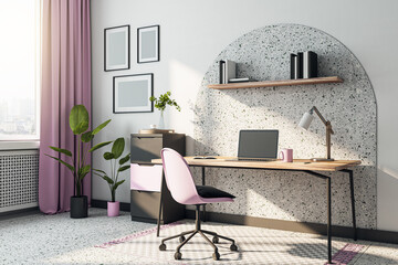 Sunlit home office work place with city view background from window with pink curtain, wheel chair and tea cup, wooden table on checkers pattern carpet and concrete wall background. 3D rendering