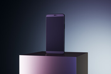 Empty black screen smartphone on creative square pedestal placed on gradient background with mock up place. Ad concept. 3D Rendering.