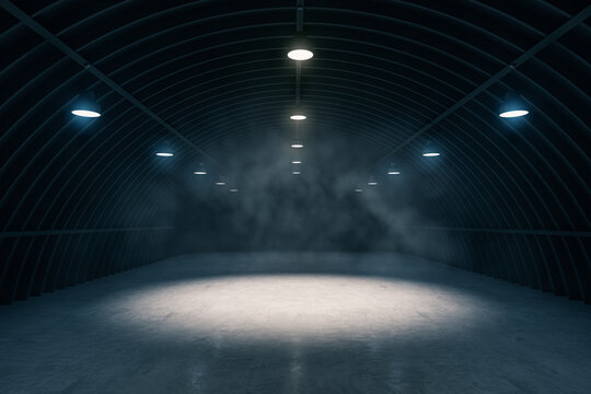 Front view dark smokey garage interior with spotlight and concrete floor, car background and empty stage concept. 3D Rendering, mockup