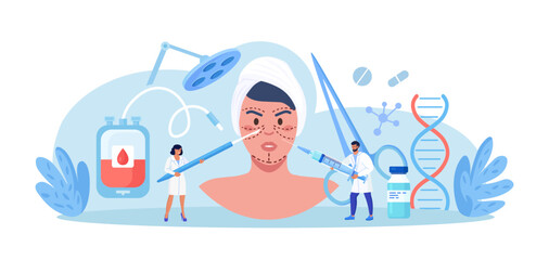 Plastic surgery. Doctors surgeons with syringe and scalpel doing facial contouring surgery to patient woman. Facial contouring, correction, cosmetic treatment. Face operation, anti-aging procedure