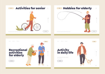 Set of landing page design template with hobby and recreation activities ideas for elderly people