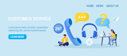 Customer Service Agent with Headsets Talking with Client. Technical Global Support, Assistance, Call Center. Contact Us. Hotline. Satisfaction and Loyalty. Customers care