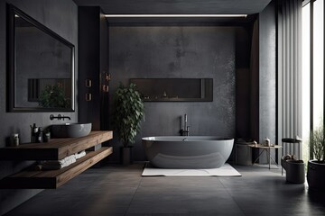 Interior of the bathroom is dark with a bathtub on a platform, a basin, a dresser, and accessories. The floor is grey concrete. a hotel bathroom with a wall that represents a copy space. Generative AI