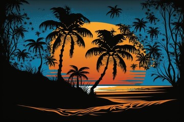 Fototapeta na wymiar Tropical Sunset with Palm Trees. Generative AI