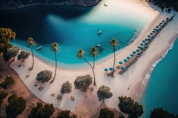 tropical paradise with sandy beach and lush palm trees from a birds eye view. Generative AI - obrazy, fototapety, plakaty