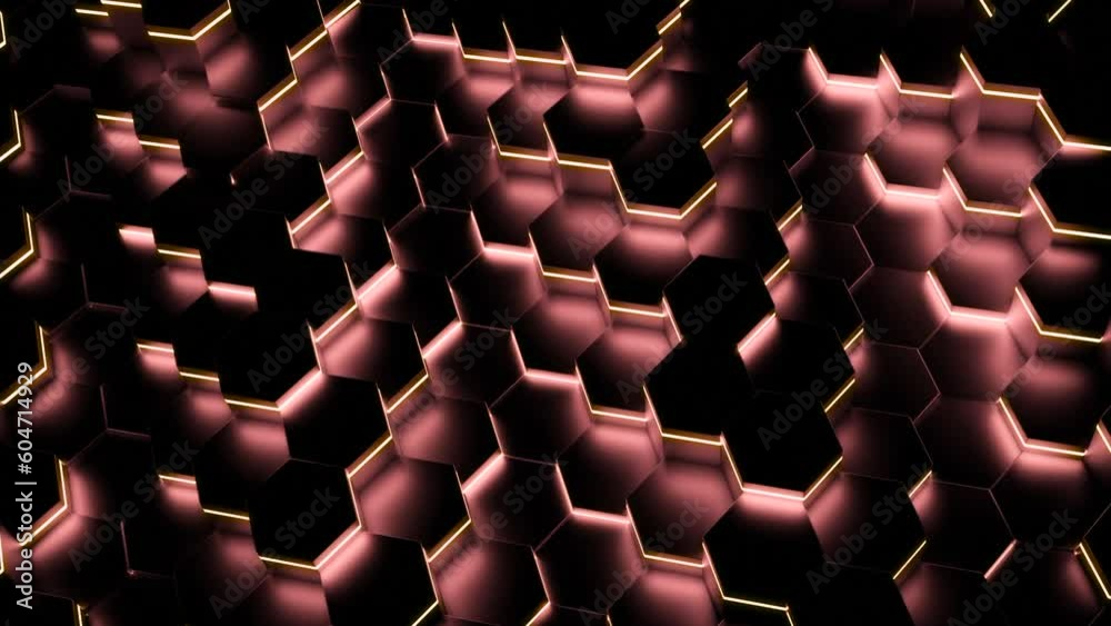 Poster neon hexagons move in waves on in dark. design. hexagons moving in waves with fluorescent illuminati