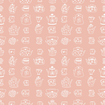 Doodle teapot, cups and mugs cozy seamless pattern. Perfect print for tea towel, dishcloth, stationery, textile and fabric. Hand drawn illustration for decor and design.