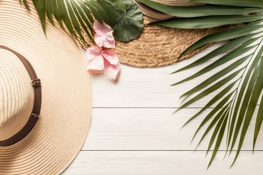 tropical themed still life with a straw hat, palm leaves, and a pink flower on a white wooden table. Generative AI